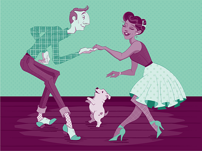 Roger, Lindy & Biscuit in Mint & Berry character character design cute dance dancing drawing illustration lindy hop mint old fashioned purple retro swing