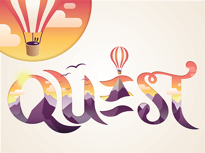 Quest Illustration - Sunset adventure childrens art childrens book cute fun hot air balloon illustration integrative landscape mountains purple quest sunset typographic typography whimsical