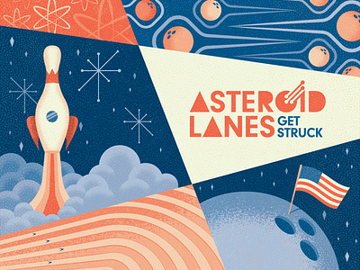 Asteroid Lanes - Visual Identity #2 50s 60s asteroid blue bowling brand branding elements illustration lanes logo meteor moon orange outer retro rocket space visual identity