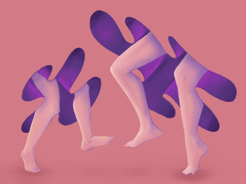 Joyful Legs surrealism drawing conceptual illustration figure female purple peach skirts barefoot daughter mother legs dancing procreate