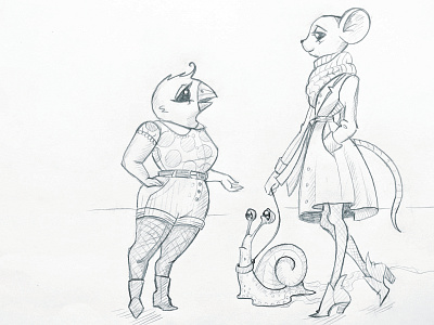 Bird, Mouse & Snail Character Sketch anthropomorphic bird book character childrens cute design drawing female kids mouse sketch snail woman women