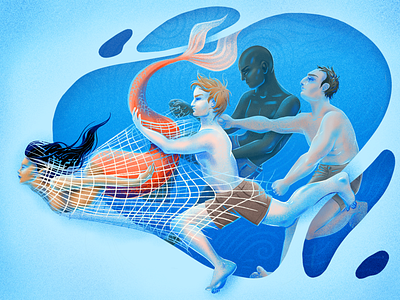 The One that Got Away - Cutout art book caught cutout digital illustration marine mermaid net ocean sea story