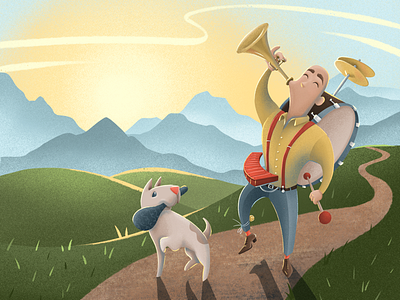 One Man + One Dog Band Headed Into Town art book childrens digital dog drawing illustration instrument kids musical one man band procreate