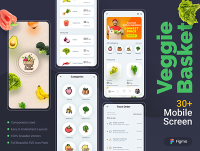 VeggieBasket: Mobile UI Kit for Online Groceries design graphic design landing page mobile ui kit online grocery app online shopping ui ui design ux design vegetables