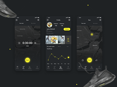 Run Tracker app dark fitness ios run smart sport tracker ui ux watch yellow