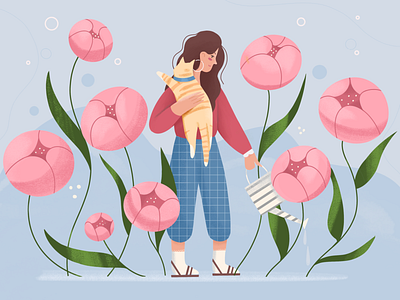 SPRING VIBE cat cat lady character cute flat flower flower illustration girl illustration illustration art illustrator picture procreate