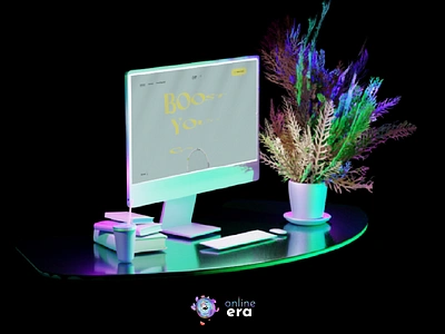 Imac mockup 3d apple blender books dark design desk drink graphic illustration imac plant reflections setup