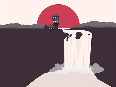 LANDSCAPE Red apacolypse broken castle castle chinese design destroyed flat graphic graphics grey illustration landscape mountains red simpel simple steam vector waterfall waterfalls