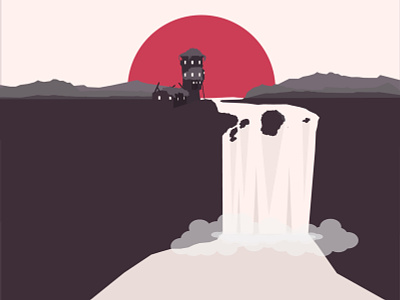 LANDSCAPE Red apacolypse broken castle castle chinese design destroyed flat graphic graphics grey illustration landscape mountains red simpel simple steam vector waterfall waterfalls