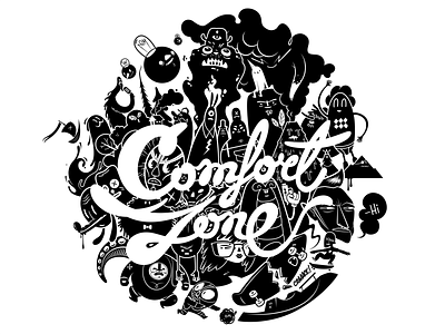 Comfort Zone bw character design illustration lettering vector