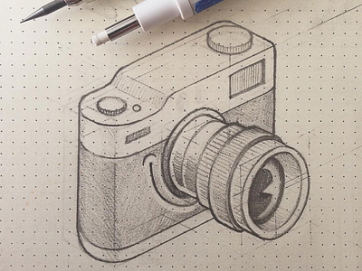Camera character icon sketch camera character design dotted paper drawing icon illustration isometric lenc sketch smile