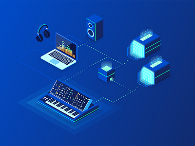 Digital Music Landing connected headphones isometric landing page music network splash page synthesizer