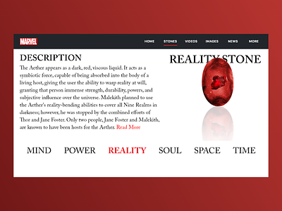 The Reality Stone | Marvel Web Design | Adobe XD adobe xd design illustration inspiration interface design madewithxd marvel minimal ui vector web web design webdesign