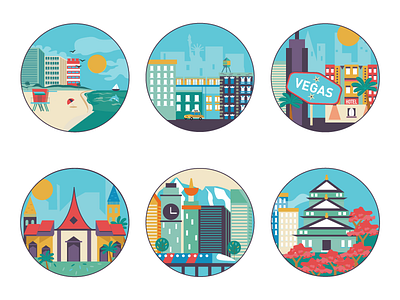 Cities Icons bangkok cities icon illustration las vegas miami new york osaka tokyo