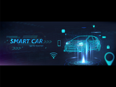 Smart Car concept - futuristic illustration with icons ai ai car app application automobile automotive car design digital e car electric futuristic hologram intelligent polygonal repair scan smart smart auto smartphone