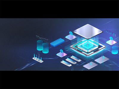 CPU microchip banner in isometric. Vector illustration