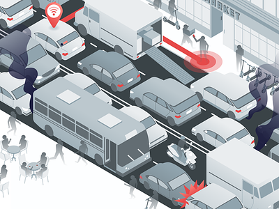 Curbside Congestion cars congestion curbside digital geometric illustration isometric passport scooters traffic urban vector