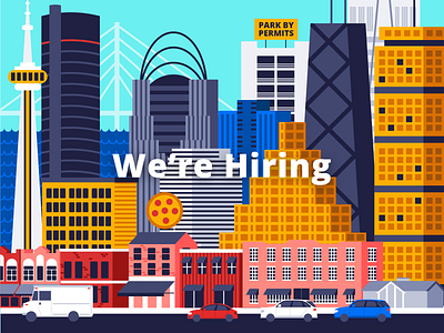 We're Hiring buildings cityscape design hiring illustration job job listing now hiring passport vector
