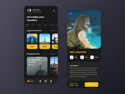 Travel App Darkmode android app design flat icon illustration mobile travel ui ux