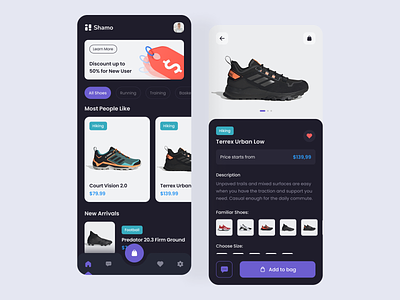 Shamo - Sneaker Marketplace Design android app branding darkmode design mobile shoe shoes ui ux