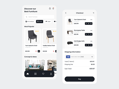 AekiShop - Furniture Design Screen android app branding checkout design furniture home light mode mobile simple design ui