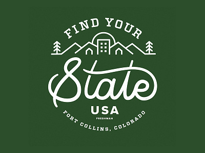 Find Your State – CSU Admissions Brochure cover colorado cursive fort collins green illustration logo script state sunset town trees typography