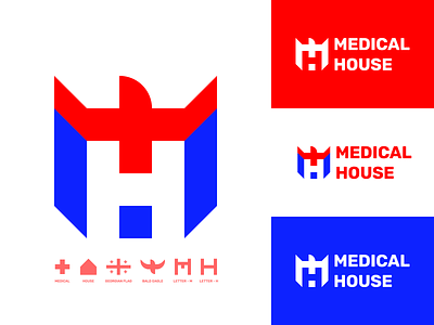 Medical House blue brand cross eagle georgia h house identity idolize irakli dolidze logo m mark medical medicine monogram red symbol usa visual