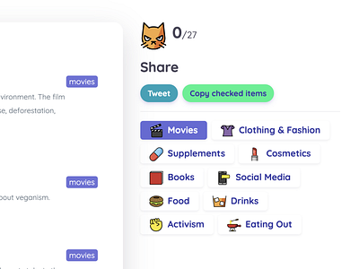 Ultimate Vegan Checklist cat badges button cat emojis icons labels navigation tabs tags