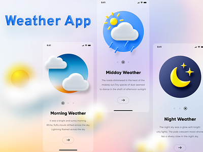 Weather App 3d app beautiful calm clouds color graphic design illustration landing page light moon morning night noon pastel sober sun ui vector weather