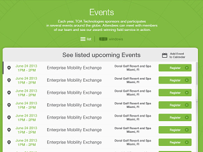Event interface design filters green interface list navigation ui