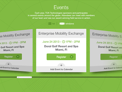 Event interface design event filters green interface navigation ui