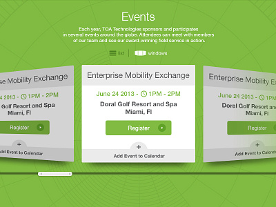 Event interface design event filters green interface navigation ui