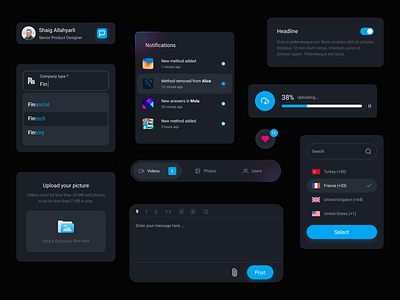 Design Components / Dark Version app card cards ui dark dark component dark mode dark theme dropdown inputs mobile app notification responsive text box ui ui kit upload user experience user interface ux web
