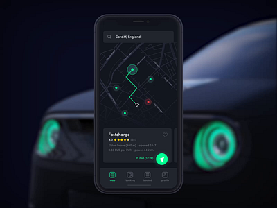 Electric car booking - iOS app 3d animation app booking car clean dark design electric flat gps green grey icon illustration ios map red ui ux