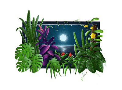 A Night in Paradise design flowers garden illustration moon night sky ocean plants texture tropical tropical leaves