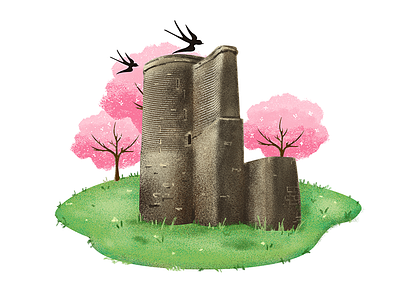 Maiden Tower 2d architecture azerbaijan baku illustration maiden tower sakura sparrows spring