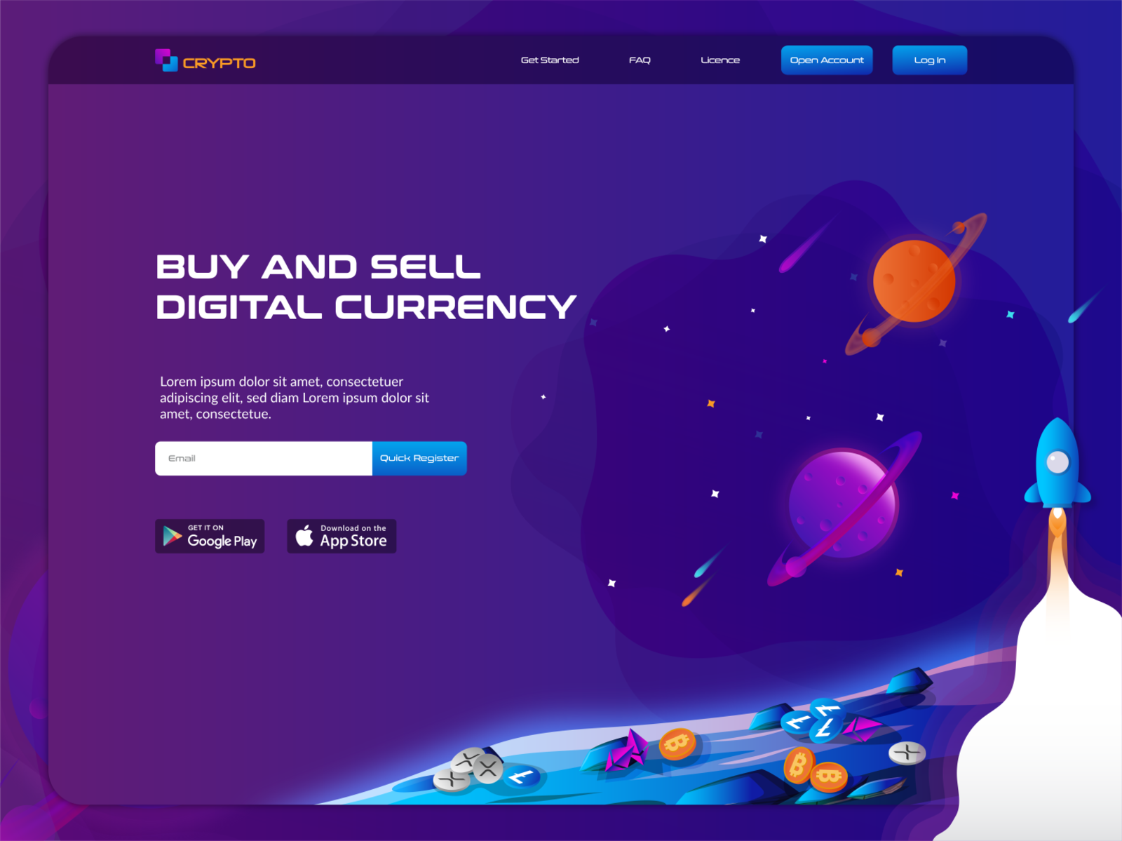 Crypto Currency Web Concept bitcoin crypto crypto exchange crypto trading cryptocurrency currency exchange currency management design finance galaxy gradient illustraion modern illustration purple space technology ui ui design ui illustration web