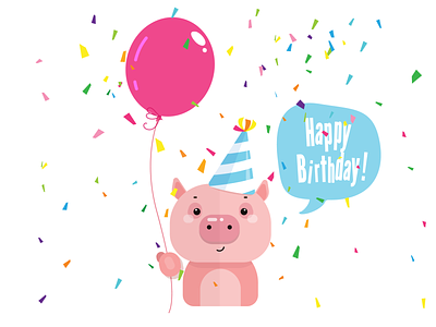 Birthday animals baloon birthday card celebration cute animal cute fun funny illustration piggy pink pig pink unicorn unicorn vector illustration