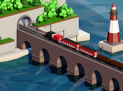 Train on the bridge 3d 3d animation animation bridge cinema4d island lighthouse lowpoly train trees