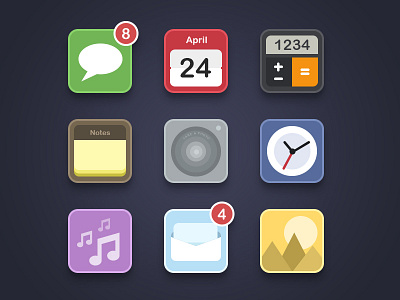 Flat iOS icons calculator calendar camera clock email flat icons ios message music notes photos