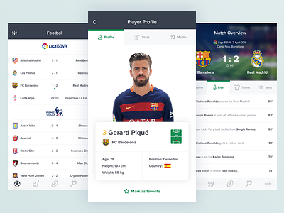 Sports App Screens app flat football goal ios match mobile profile score soccer sports team