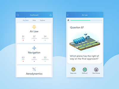 Pilot Quiz Shot airplane app blue card clean flight mood progress question quiz