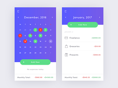 Expenses Calendar android app calendar expenses green ios money purple spending