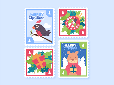 Christmas stamp collection christmas color colorful december holiday illustration merry stamps vector winter xmas