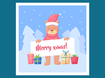Christmas character holding blank banner banner bear character christmas color colorful december flat illustration merry presents teddy vector winter xmas
