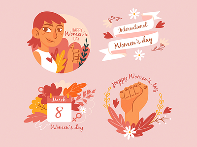 Hand-drawn womens day label collection collection color colorful download flat flowers hand drawn illustration march pink set vector woman