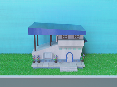 blue roof house 3d asset game home house