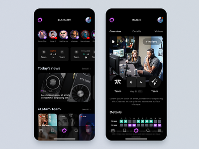 Gaming Esports Mobile App UI app branding competition competitive design esports gaming match news streaming ui