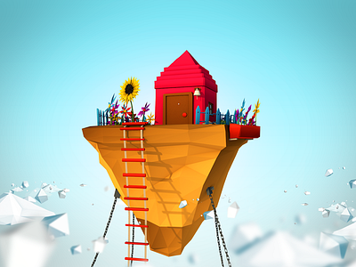 Island on the clouds 3d cinema 4d compositing low poly moek polygons postproduction