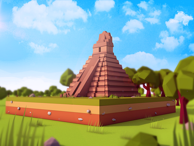 Low Poly Cartoon Tikal Temple Landmark